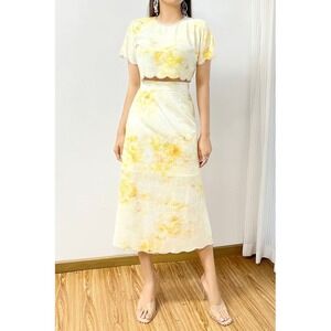 La' Ros Yellow Floral Two Piece Set Scalloped Rhinestone Crop Top & Midi Skirt L